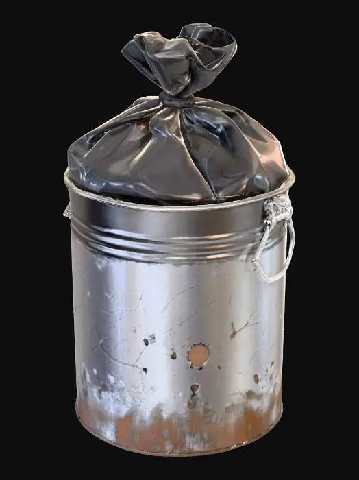 3D model for A small round metal trash bin, about 40cm tall. Surface slightly scratched, with faint dirt near the bottom. A half-full thin black garbage bag peeks from the top. Early 2000s cheap restroom accessory. Realistic PBR textures, simple geometry, game ready.