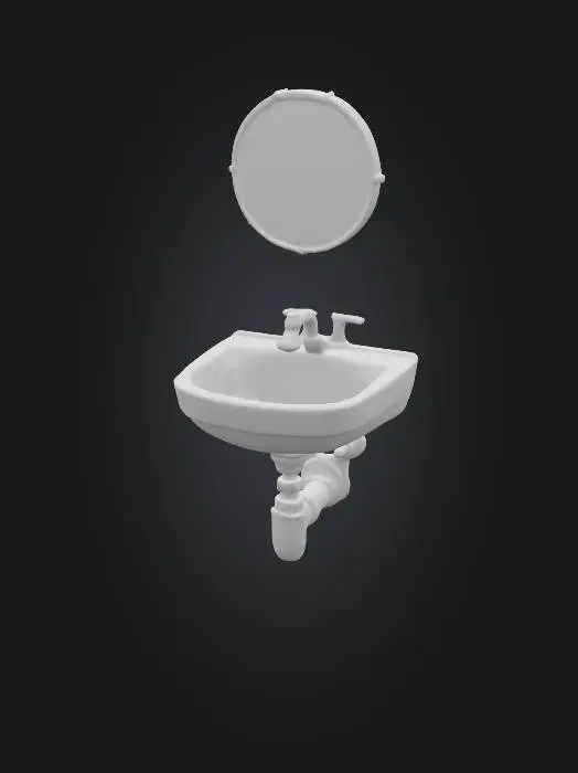 3D model for A small wall-mounted ceramic sink with a simple metal faucet. Slightly dirty with faint water stains, but not broken. Above it, a round mirror with a thin metal frame, showing fingerprints and smudges but still reflective. Pipes underneath are visible with light rust. Style: early 2000s public restroom. Realistic PBR, optimized for 3D game use.
