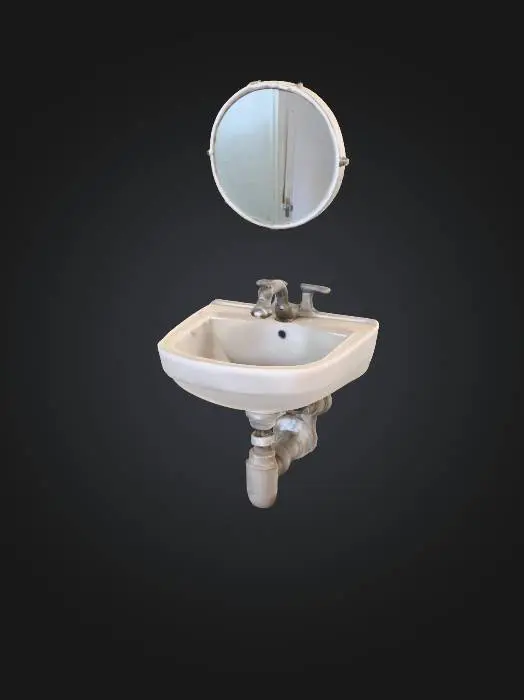 3D model for A small wall-mounted ceramic sink with a simple metal faucet. Slightly dirty with faint water stains, but not broken. Above it, a round mirror with a thin metal frame, showing fingerprints and smudges but still reflective. Pipes underneath are visible with light rust. Style: early 2000s public restroom. Realistic PBR, optimized for 3D game use.
