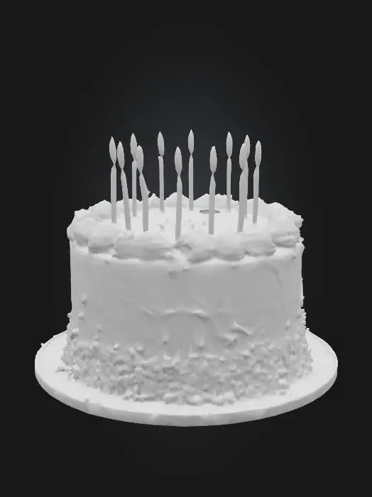 3D model for A simple early 2000s birthday cake, round vanilla sponge with white cream frosting, colorful sprinkles, and small candles on top, placed on a plastic tray, cheerful vibe.