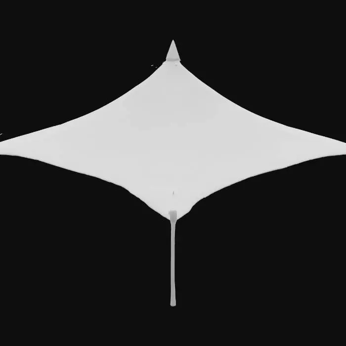 3D model for realistic 3D model of a large rectangular circus-style shade canopy for an outdoor children’s pedal kart track, made of alternating blue and white UV-resistant fabric panels, elevated central peak supported by a tall central pole creating a sloped tent-like roof, outer edges attached to evenly spaced steel poles painted light grey, tension cables and ropes pulling the fabric taut, realistic fabric folds and stitching details, sunlight filtering through fabric with soft diffused shadows on the asphalt ground, PBR textures, accurate scale for covering a wide rectangular play area
