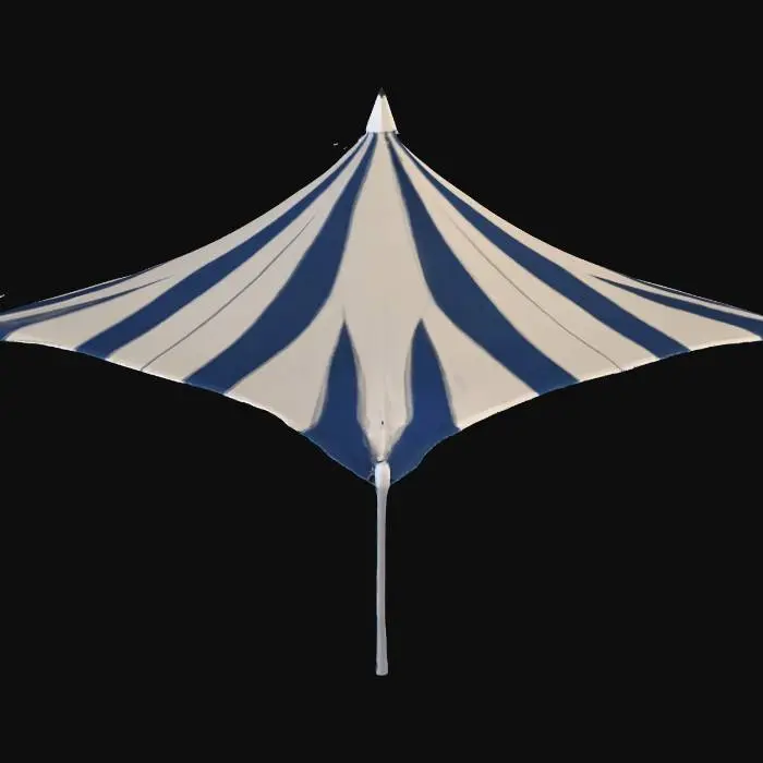 3D model for realistic 3D model of a large rectangular circus-style shade canopy for an outdoor children’s pedal kart track, made of alternating blue and white UV-resistant fabric panels, elevated central peak supported by a tall central pole creating a sloped tent-like roof, outer edges attached to evenly spaced steel poles painted light grey, tension cables and ropes pulling the fabric taut, realistic fabric folds and stitching details, sunlight filtering through fabric with soft diffused shadows on the asphalt ground, PBR textures, accurate scale for covering a wide rectangular play area
