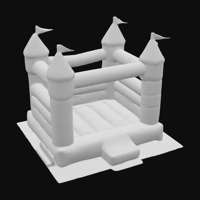 3D model for A detailed 3D model of a classic inflatable bounce castle from the early 2000s in Israel, designed for children. Four tall corner turrets with small triangular flags on top, high safety walls, and a flat bouncy floor. Bright solid colors: red, yellow, blue, and green in wide vertical stripes. Slightly glossy PVC texture, realistic stitching details, and inflated seams visible. Set outdoors on a flat colorful rubber mat, under clear daylight, with accurate proportions and clean textures.
