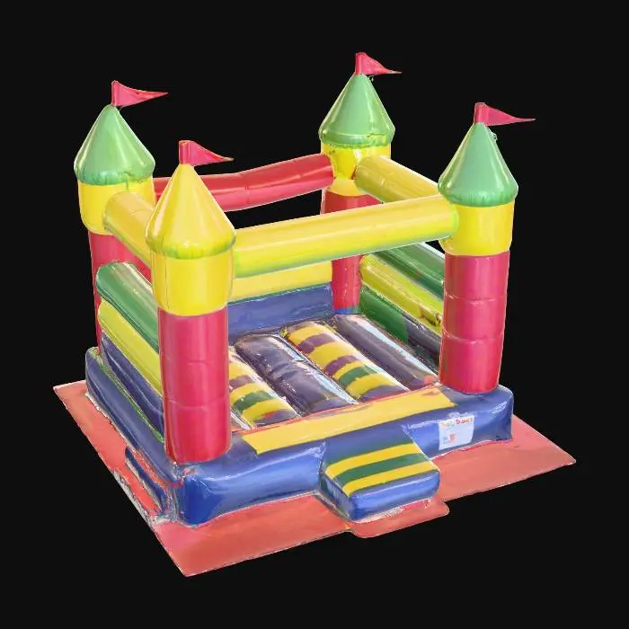 3D model for A detailed 3D model of a classic inflatable bounce castle from the early 2000s in Israel, designed for children. Four tall corner turrets with small triangular flags on top, high safety walls, and a flat bouncy floor. Bright solid colors: red, yellow, blue, and green in wide vertical stripes. Slightly glossy PVC texture, realistic stitching details, and inflated seams visible. Set outdoors on a flat colorful rubber mat, under clear daylight, with accurate proportions and clean textures.

