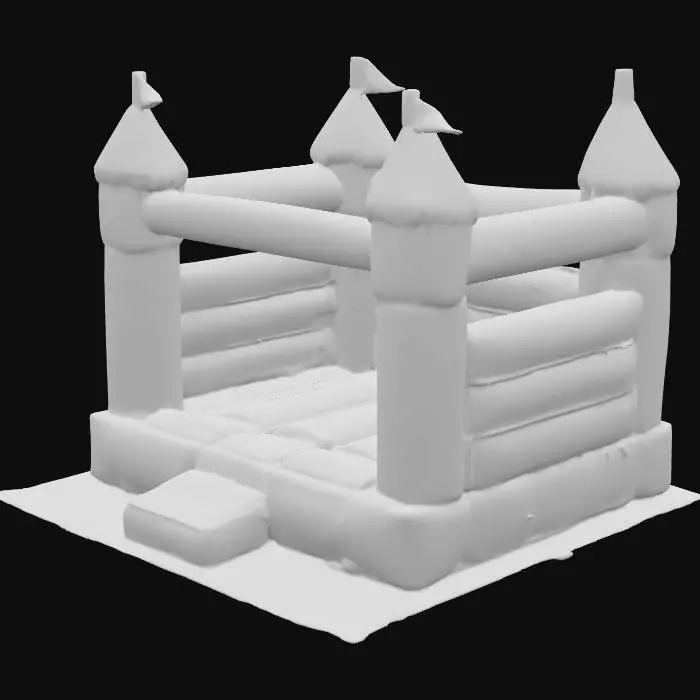 3D model for A detailed 3D model of a classic inflatable bounce castle from the early 2000s in Israel, designed for children. Four tall corner turrets with small triangular flags on top, high safety walls, and a flat bouncy floor. Bright solid colors: red, yellow, blue, and green in wide vertical stripes. Slightly glossy PVC texture, realistic stitching details, and inflated seams visible. Set outdoors on a flat colorful rubber mat, under clear daylight, with accurate proportions and clean textures.
