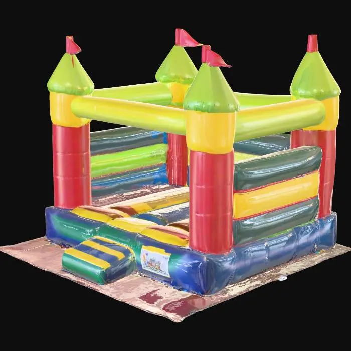 3D model for A detailed 3D model of a classic inflatable bounce castle from the early 2000s in Israel, designed for children. Four tall corner turrets with small triangular flags on top, high safety walls, and a flat bouncy floor. Bright solid colors: red, yellow, blue, and green in wide vertical stripes. Slightly glossy PVC texture, realistic stitching details, and inflated seams visible. Set outdoors on a flat colorful rubber mat, under clear daylight, with accurate proportions and clean textures.
