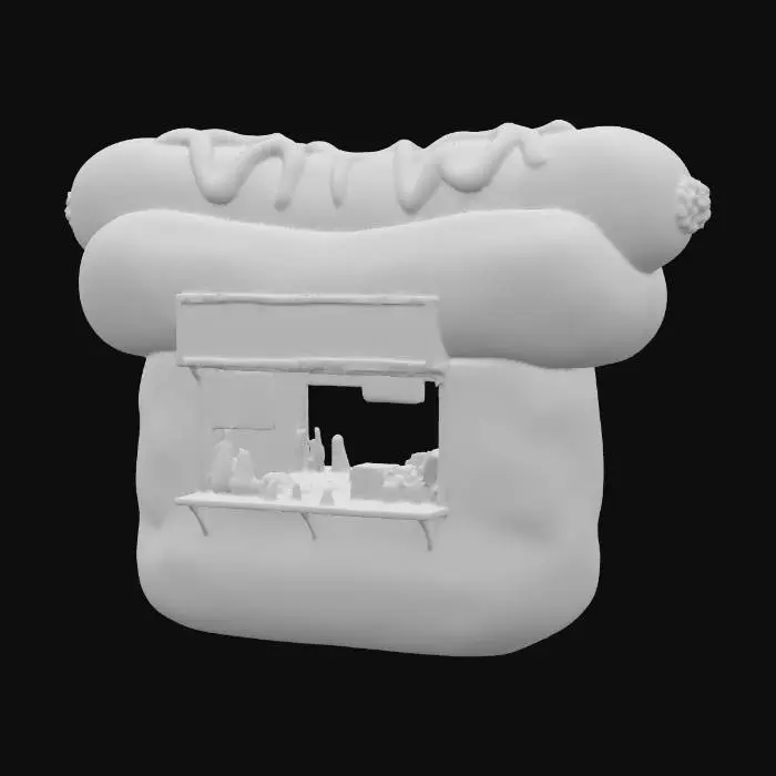 3D model for A whimsical hotdog stand shaped like a giant hotdog inside a bun. The kiosk is painted beige and reddish-brown, with a large sausage shape on top. A rectangular serving window is cut into the side of the bun, with a small counter. A cardboard-style menu board protrudes from the window area but remains blank. On the counter are oversized ketchup and mustard bottles, plus a napkin dispenser. Slightly worn, retro amusement park aesthetic.