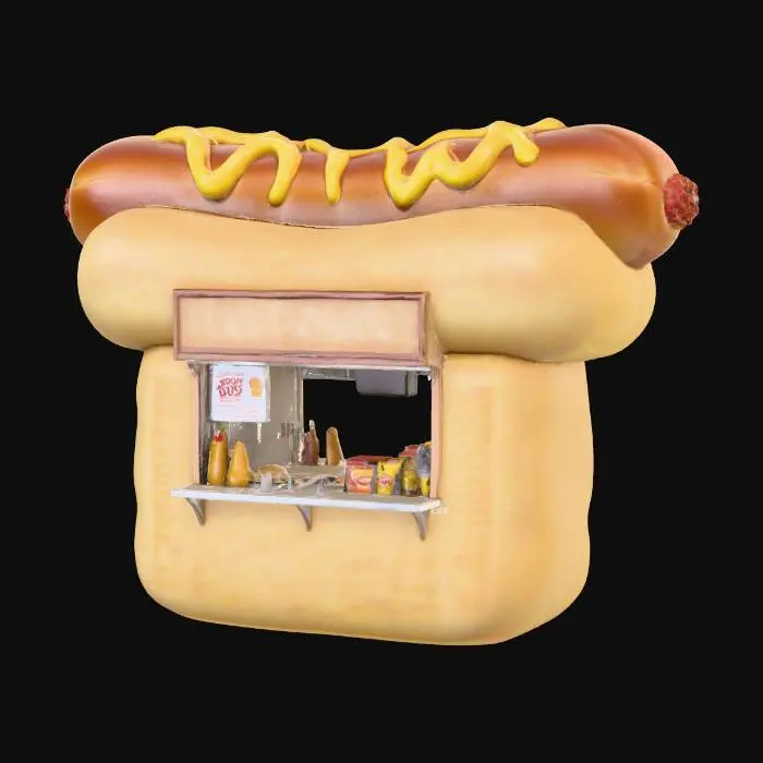 3D model for A whimsical hotdog stand shaped like a giant hotdog inside a bun. The kiosk is painted beige and reddish-brown, with a large sausage shape on top. A rectangular serving window is cut into the side of the bun, with a small counter. A cardboard-style menu board protrudes from the window area but remains blank. On the counter are oversized ketchup and mustard bottles, plus a napkin dispenser. Slightly worn, retro amusement park aesthetic.