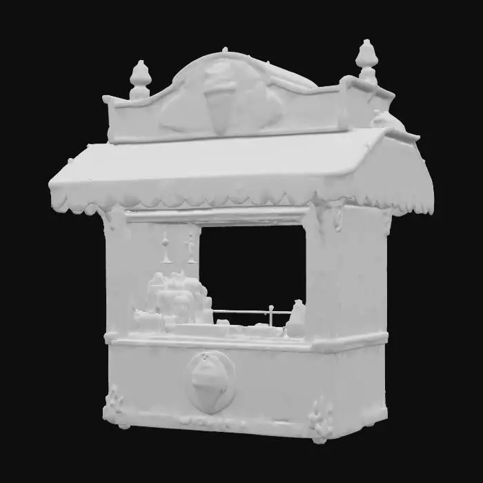 3D model for A small amusement park ice cream kiosk designed like a booth with pastel colors (blue, pink, white). Features a small serving window with a sliding shutter, freezer display inside, and an overhead awning with stripes. The booth looks playful and nostalgic, slightly faded to show age. No text on signage, panels left blank.