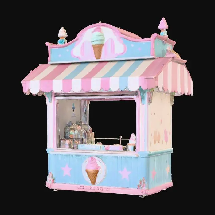 3D model for A small amusement park ice cream kiosk designed like a booth with pastel colors (blue, pink, white). Features a small serving window with a sliding shutter, freezer display inside, and an overhead awning with stripes. The booth looks playful and nostalgic, slightly faded to show age. No text on signage, panels left blank.