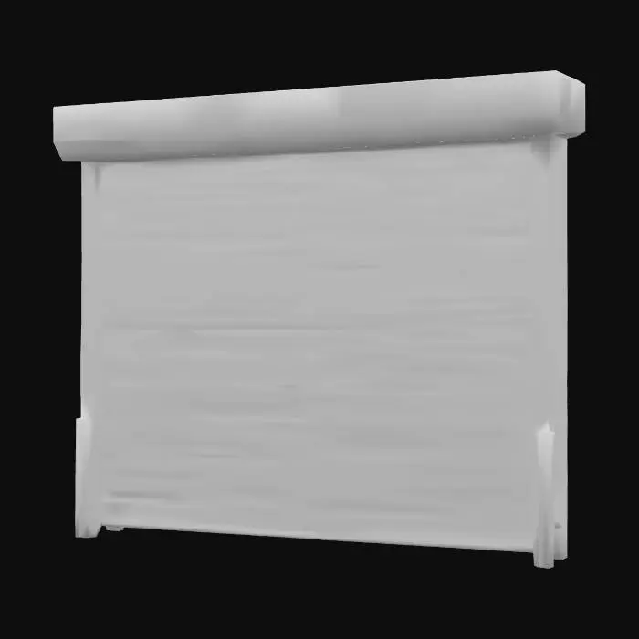 3D model for A 3D model of a metal rolling shutter door used for kiosks or booths. Made of horizontal corrugated steel slats, slightly bent and scratched from years of use. The shutter is closed, covering a rectangular opening. Edges include a metal frame with rails on the sides for guiding the shutter. Texture should look slightly dirty, with faded paint or rust patches, resembling an early 2000s amusement park kiosk security gate.