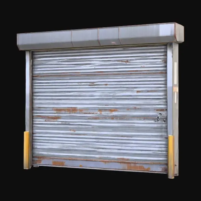 3D model for A 3D model of a metal rolling shutter door used for kiosks or booths. Made of horizontal corrugated steel slats, slightly bent and scratched from years of use. The shutter is closed, covering a rectangular opening. Edges include a metal frame with rails on the sides for guiding the shutter. Texture should look slightly dirty, with faded paint or rust patches, resembling an early 2000s amusement park kiosk security gate.