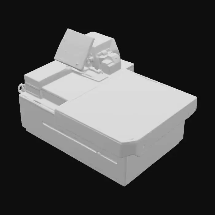 3D model for “Checkout counter with short belt conveyor, side bagging area, laminate top, 2002 style. W180×D70×H90 cm. Include belt material, control box dummy. PBR metal/laminate/rubber. No logos. UV clean.”