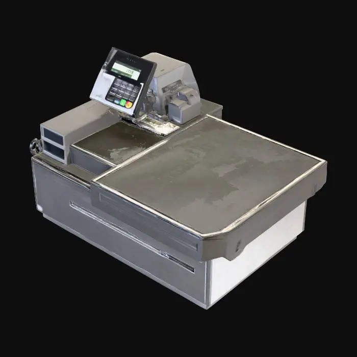 3D model for “Checkout counter with short belt conveyor, side bagging area, laminate top, 2002 style. W180×D70×H90 cm. Include belt material, control box dummy. PBR metal/laminate/rubber. No logos. UV clean.”