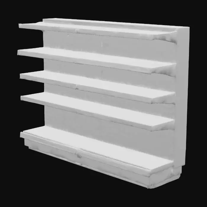 3D model for “Israeli minimarket 2002 double-sided gondola shelf, steel uprights with perforations, 5 adjustable shelves per side (30/40 cm), 1 m module, kickplate base, price rails, light wear, PBR metal/paint. Real-world scale (W100×D80×H180 cm), clean UVs, single material ID groups. No logos. Pivot bottom center.”