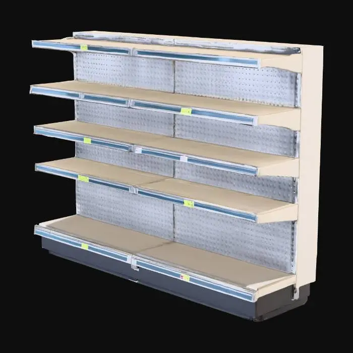 3D model for “Israeli minimarket 2002 double-sided gondola shelf, steel uprights with perforations, 5 adjustable shelves per side (30/40 cm), 1 m module, kickplate base, price rails, light wear, PBR metal/paint. Real-world scale (W100×D80×H180 cm), clean UVs, single material ID groups. No logos. Pivot bottom center.”