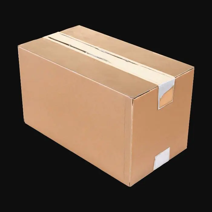 3D model for 3D model of a sealed cardboard box, medium size. Rectangular shape with taped top flaps, brown corrugated cardboard texture with visible folds and subtle wear at the edges. No labels, clean generic box, realistic proportions. White studio background, product-style render.
