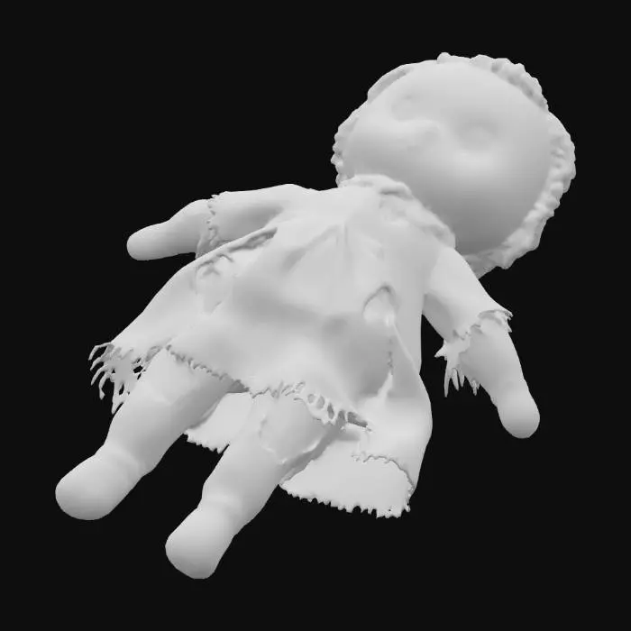 3D model for A 3D model of a small child’s ragdoll toy, lying discarded on the ground.  
The doll should look old, worn out, and slightly creepy.  
Details: one button eye missing, seams ripped open with stuffing coming out, faded fabric with dirty stains, torn dress with frayed edges, limp arms and legs in an unnatural position as if thrown aside.  
Scale: small toy size (around 30 cm).  
Style: realistic PBR textures (fabric, stitching, dirt).  
Use muted pastel colors (light pink, pale blue, beige) but heavily worn and dirty.  
Position: lying sideways on the ground, not standing upright.  
