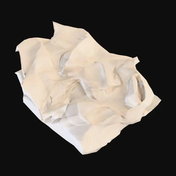 3D model for A crumpled and folded piece of paper, A4 size, lying discarded on the floor. 
Realistic details of heavy creases, wrinkles, and bent edges, as if it was crumpled tightly, then unfolded and folded again. 
Slightly dirty or smudged, subtle shadows between the folds, high detail. 
Single sheet, isolated object, no background.
, #PBR#