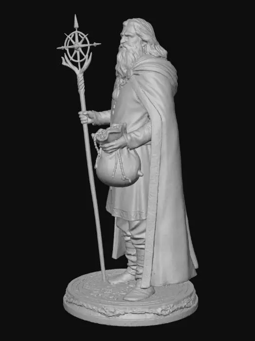 3D model for The God Njörðr Wood Carving showing the sea and longboats in background