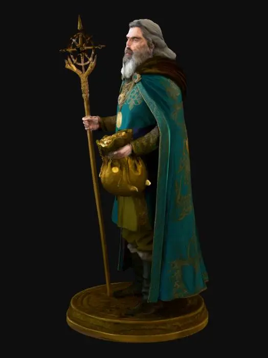 3D model for The God Njörðr Wood Carving showing the sea and longboats in background