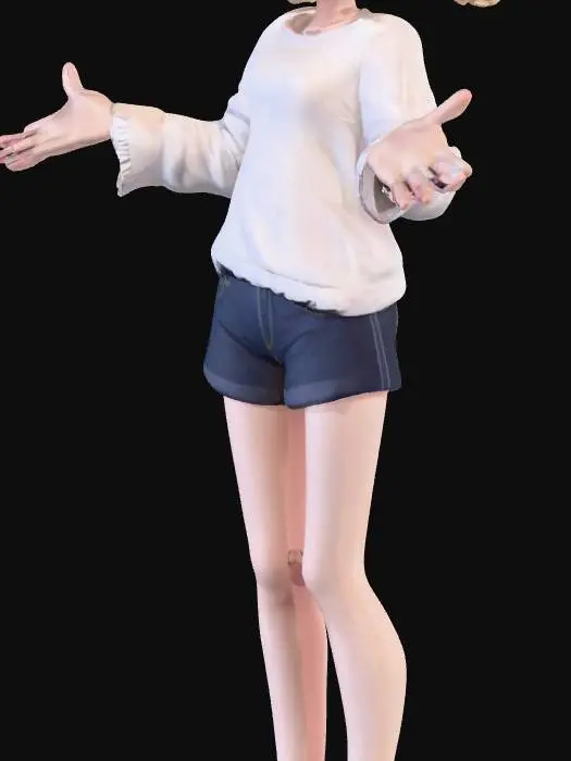 3D model for an anime teen girl with blonde pig tails, she has blue eyes, she is wearing a white short summer frill, showing midriff, she also wearing short jean shorts, she has black knee high socks and Adidas superstar canvas shoes, she is youthful 