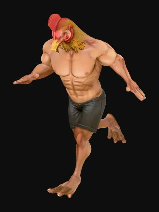 3D model for Create a muscular, male, human but replace the head with a chicken head.