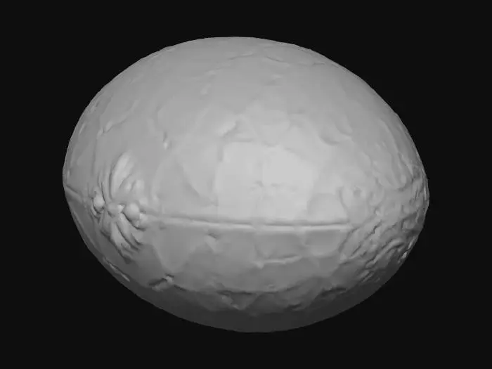 3D model for A miniature dragon's egg, roughly ovoid and palm-sized, with a shell of deep emerald green, subtly mottled with darker, almost black scales. Its surface is hard and cool, exhibiting a finely textured, reptilian pattern that catches the light with an iridescent sheen. Delicate, almost translucent veins of gold web across its surface, hinting at internal warmth and ancient magic.