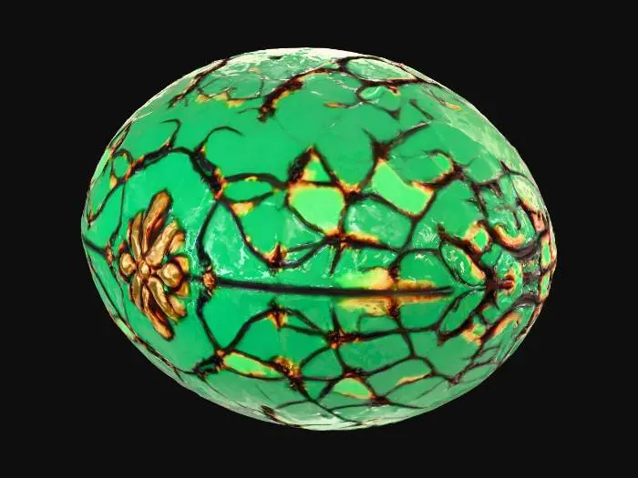 3D model for A miniature dragon's egg, roughly ovoid and palm-sized, with a shell of deep emerald green, subtly mottled with darker, almost black scales. Its surface is hard and cool, exhibiting a finely textured, reptilian pattern that catches the light with an iridescent sheen. Delicate, almost translucent veins of gold web across its surface, hinting at internal warmth and ancient magic.