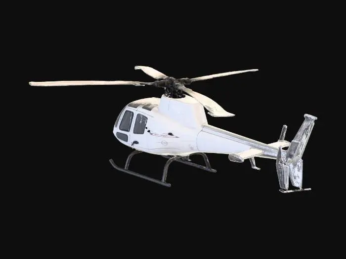 3D model for Helicopter, detailed rotors, glass cockpit, metal body.