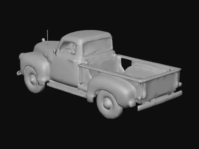 3D model for Old pickup truck, rust details, worn paint, vintage style.