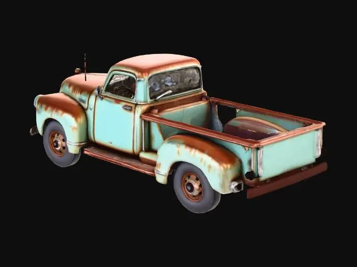 3D model for Old pickup truck, rust details, worn paint, vintage style.