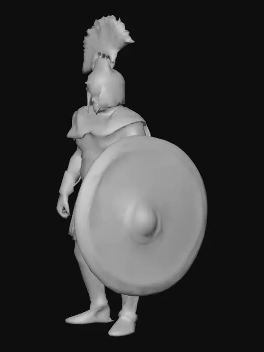 3D model for An ancient Greek hoplite, standing firm in a heroic posture, wears a polished bronze Corinthian helmet with a striking horsehair crest, obscuring his expression. His muscular body is protected by a molded bronze cuirass, intricately detailed to mimic musculature, giving a smooth yet rigid feel. A short pleated chiton in dull linen is visible beneath, and sturdy greaves protect his shins. He carries a circular wooden aspis shield, covered with a thin bronze layer, displaying subtle worn textures.