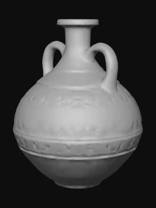3D model for An ancient, ovoid ceramic wine jug, approximately 30cm tall, with a narrow neck and two graceful loop handles. Its rough, unglazed terracotta surface is a warm reddish-brown, displaying subtle signs of age with minor chips and a slightly porous texture. Faint, dark geometric patterns are visible around the belly, adding to its classic antique appearance and suggesting a rustic, earthy feel.