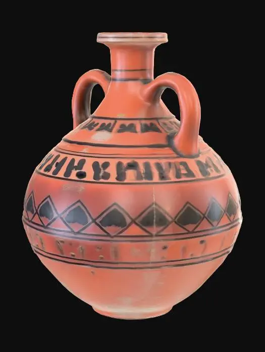 3D model for An ancient, ovoid ceramic wine jug, approximately 30cm tall, with a narrow neck and two graceful loop handles. Its rough, unglazed terracotta surface is a warm reddish-brown, displaying subtle signs of age with minor chips and a slightly porous texture. Faint, dark geometric patterns are visible around the belly, adding to its classic antique appearance and suggesting a rustic, earthy feel.