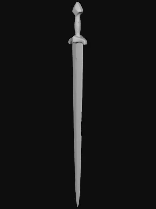 3D model for An ancient Greek xiphos sword, approximately 60cm long, features a double-edged, leaf-shaped bronze blade with a distinct central ridge. The metal exhibits a rich, aged green patina, offering a smooth yet slightly rough tactile quality. Its hilt is crafted from dark, polished wood, providing a firm grip, topped by a simple bronze pommel. The overall structure is balanced, reflecting historical craftsmanship.