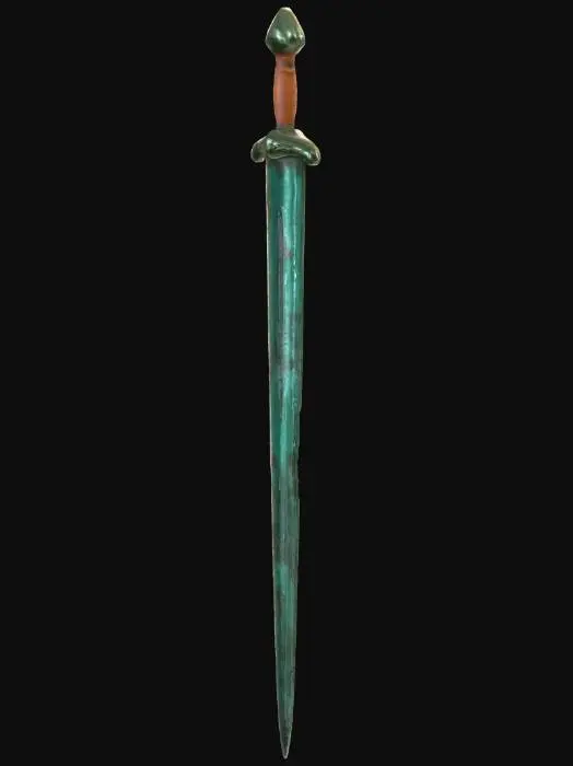3D model for An ancient Greek xiphos sword, approximately 60cm long, features a double-edged, leaf-shaped bronze blade with a distinct central ridge. The metal exhibits a rich, aged green patina, offering a smooth yet slightly rough tactile quality. Its hilt is crafted from dark, polished wood, providing a firm grip, topped by a simple bronze pommel. The overall structure is balanced, reflecting historical craftsmanship.