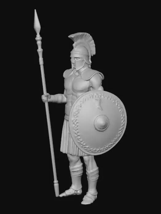 3D model for An ancient Greek hoplite, posed heroically, wears a polished bronze Spartan helmet with a horsehair crest, his expression obscured. A bronze cuirass, intricately molded, protects his muscular torso, while a dull linen chiton and sturdy greaves cover his lower body. He firmly grips a long, wooden dory spear with a sharp bronze leaf-shaped tip and butt-spike, its shaft smooth but textured by age. A circular bronze-covered aspis shield is held defensively. Shield has the symbol 'Λ' (Lambda)