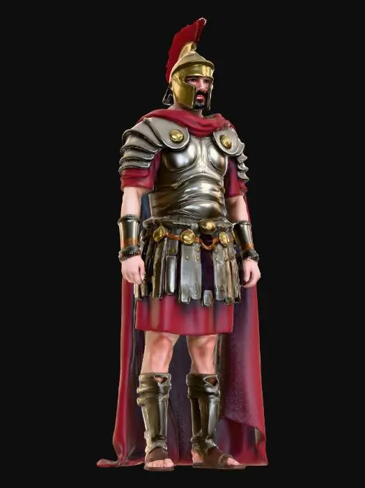 3D model for An ancient Roman legionary stands resolute, clad in a segmented Lorica Segmentata armor crafted from polished, overlapping iron plates, offering a metallic sheen and rigid structure. Beneath, a deep red wool tunic peeks out, providing a soft, natural texture. His head is protected by a Galea helmet, made of bronze with intricate cheek guards and a subtle, worn patina. He carries a rectangular wooden Scutum shield, faced with leather and rimmed in bronze, featuring a central boss and a slightly textured, battle-scarred surface.