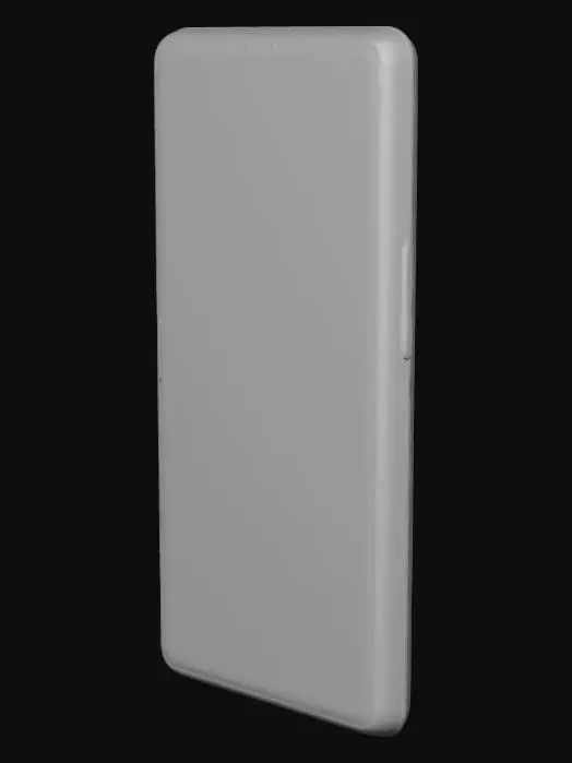 3D model for A modern smartphone, ultra-realistic, slim rectangular body, metallic frame, matte back surface, dual camera lenses, detailed buttons and ports, accurate scale, clean geometry, no branding.