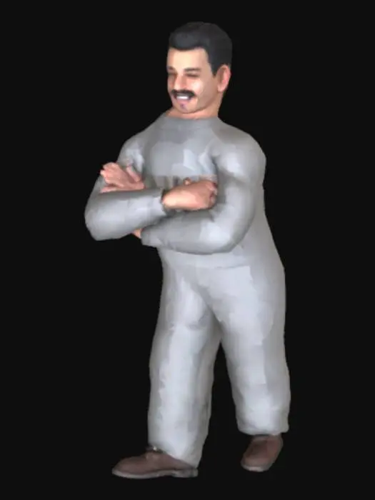 3D model for male focus, 1boy, realistic, solo, mustache, white background, facial hair, simple background, portrait, open mouth, black hair, sweater, smile T pose