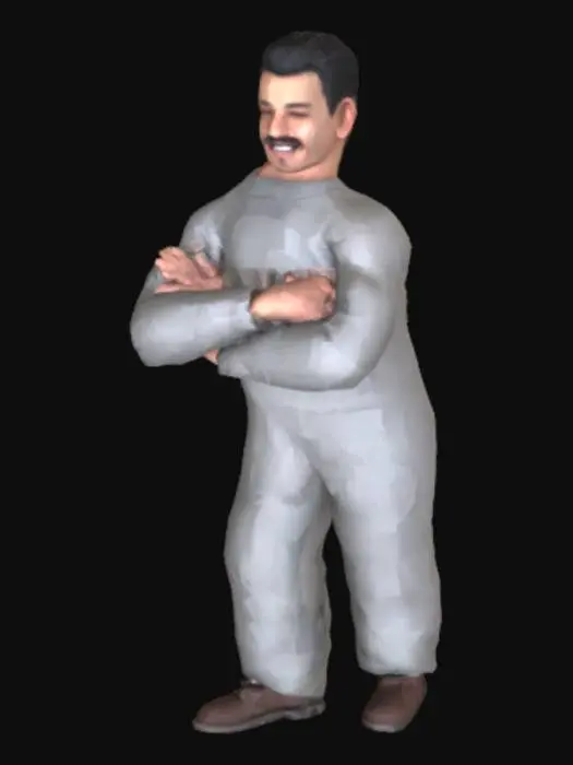 3D model for male focus, 1boy, realistic, solo, mustache, white background, facial hair, simple background, portrait, open mouth, black hair, sweater, smile T pose