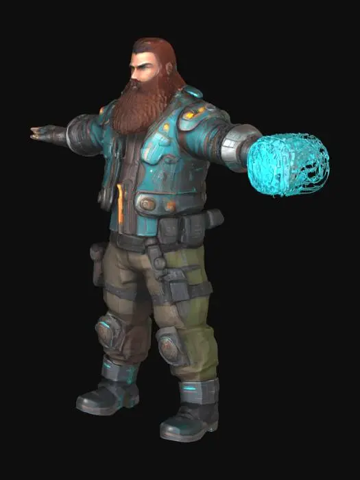 3D model for Create a highly detailed 3D character model of a futuristic male bounty hunter standing upright in a confident pose. He has rugged facial features, a thick reddish-brown beard, and tousled brown hair. He wears a battle-worn armored jacket with glowing cyan energy lines on the chest and shoulders. His right arm is a mechanical gauntlet with articulated fingers, visible joints, and glowing blue highlights. The outfit is made of layered dark leather and technical fabrics with utility pouches around the belt and legs. His pants are tactical, with reinforced knee pads and weathered boots. Include realistic surface details: worn textures, scratches, dirt, and small panel seams. Keep topology clean, pose symmetrical, background transparent or white, ready for animation and rigging.