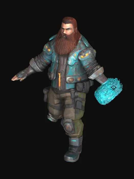 3D model for Create a highly detailed 3D character model of a futuristic male bounty hunter standing upright in a confident pose. He has rugged facial features, a thick reddish-brown beard, and tousled brown hair. He wears a battle-worn armored jacket with glowing cyan energy lines on the chest and shoulders. His right arm is a mechanical gauntlet with articulated fingers, visible joints, and glowing blue highlights. The outfit is made of layered dark leather and technical fabrics with utility pouches around the belt and legs. His pants are tactical, with reinforced knee pads and weathered boots. Include realistic surface details: worn textures, scratches, dirt, and small panel seams. Keep topology clean, pose symmetrical, background transparent or white, ready for animation and rigging.