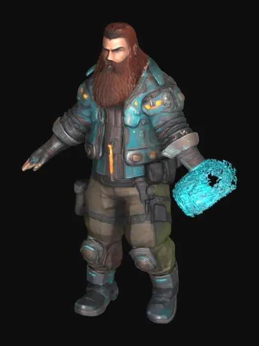 3D model for Create a highly detailed 3D character model of a futuristic male bounty hunter standing upright in a confident pose. He has rugged facial features, a thick reddish-brown beard, and tousled brown hair. He wears a battle-worn armored jacket with glowing cyan energy lines on the chest and shoulders. His right arm is a mechanical gauntlet with articulated fingers, visible joints, and glowing blue highlights. The outfit is made of layered dark leather and technical fabrics with utility pouches around the belt and legs. His pants are tactical, with reinforced knee pads and weathered boots. Include realistic surface details: worn textures, scratches, dirt, and small panel seams. Keep topology clean, pose symmetrical, background transparent or white, ready for animation and rigging.