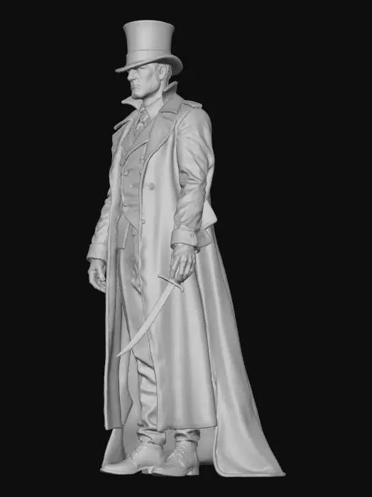 3D model for Generate Jack the Ripper, Victorian clothing, top hat, tall, menacing, wearing long wavy cloak, welding surgical knife, overall distressed textures, spooky, #Halloween2025#