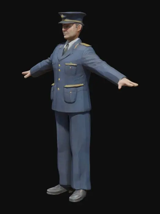 3D model for conductor in train in uniform in T-Pose, semi-realistic style, central-eurpoean style 1970