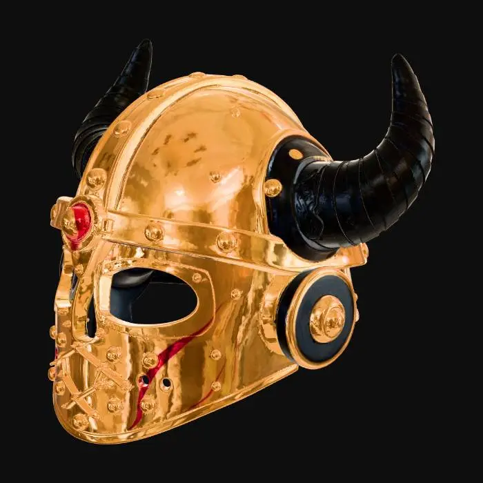 3D model for metal Viking-style helmet with horns protruding from the right and left top of helmet.