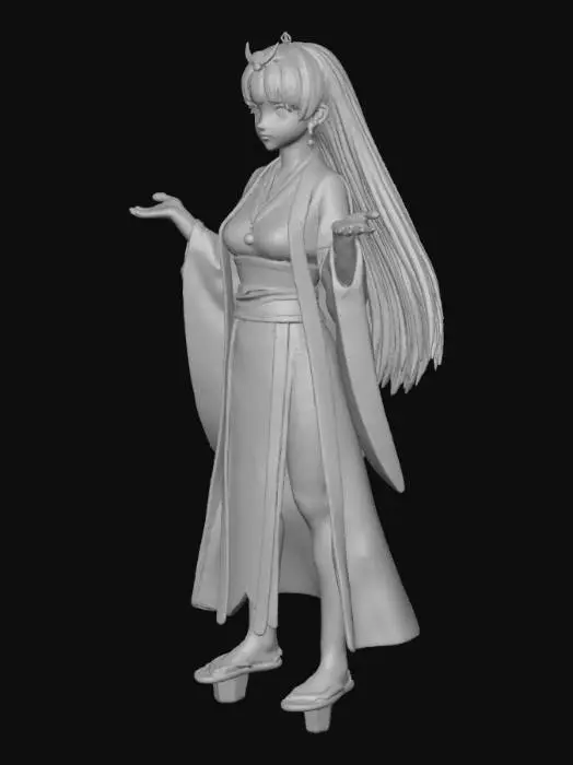 3D model for A beautiful, highly detailed female character model, anime style, T-pose, with long black flowing hair and striking blue eyes. She wears a white and gold traditional kimono-style outfit, a black outer jacket draped over her shoulders, and a vibrant red obi belt tied at the front. Key accessories: golden crescent moon crown, golden moon necklace, and tear-drop gold earrings. Background: full moon against a dark, foggy forest, mystical lighting. Ensure the model is game-ready, low-poly, and has a cel-shaded texture style.