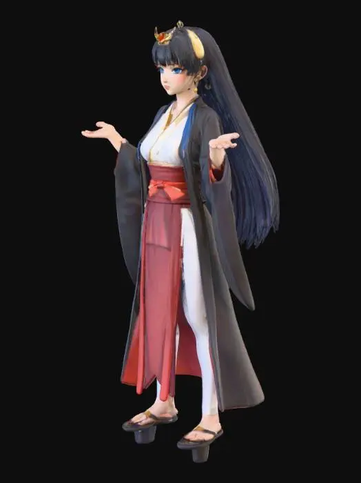 3D model for A beautiful, highly detailed female character model, anime style, T-pose, with long black flowing hair and striking blue eyes. She wears a white and gold traditional kimono-style outfit, a black outer jacket draped over her shoulders, and a vibrant red obi belt tied at the front. Key accessories: golden crescent moon crown, golden moon necklace, and tear-drop gold earrings. Background: full moon against a dark, foggy forest, mystical lighting. Ensure the model is game-ready, low-poly, and has a cel-shaded texture style.